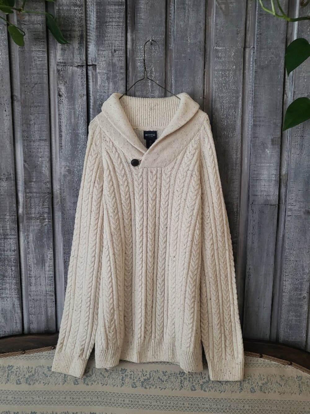 British Khaki Men Shawl Collar Cable Knit Sweater Oatmeal Off White Flecked Larg